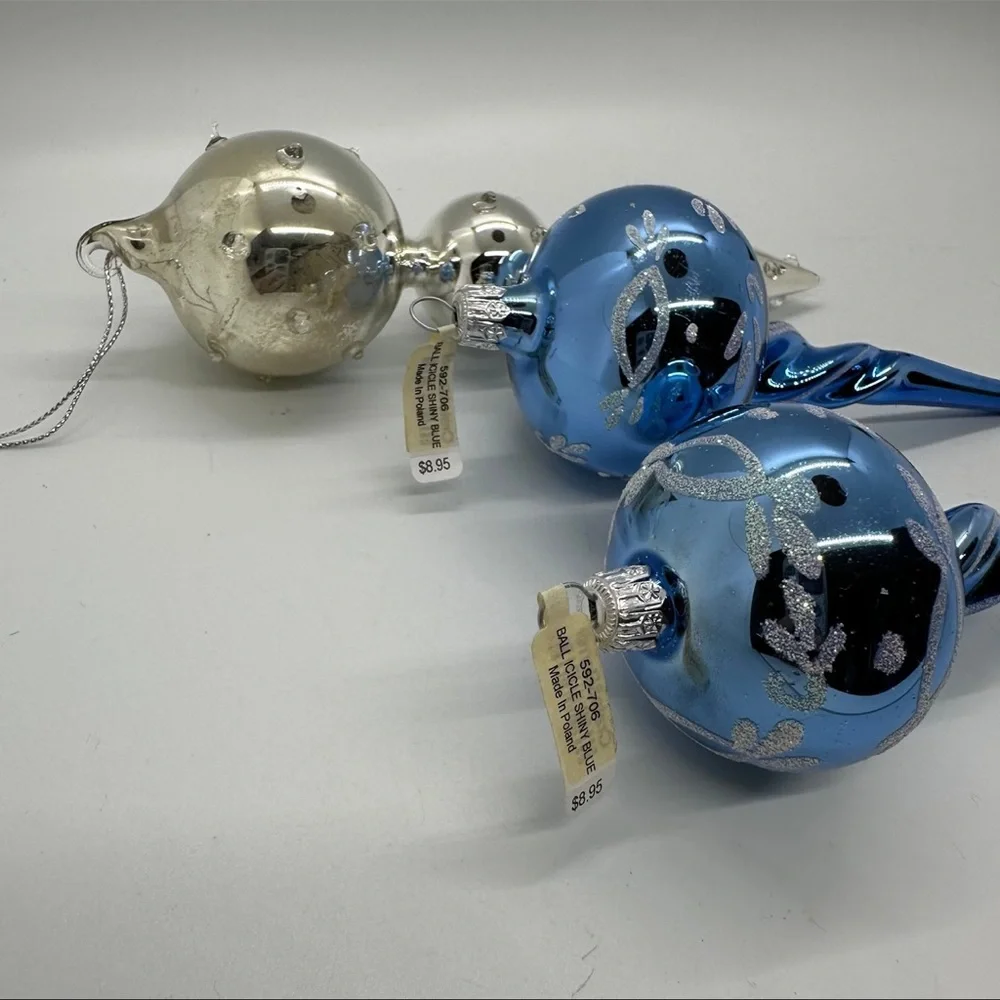 Vintage Crate&Barrel Glass Christmas Finial Ornaments Set of 3 Blue/Silver